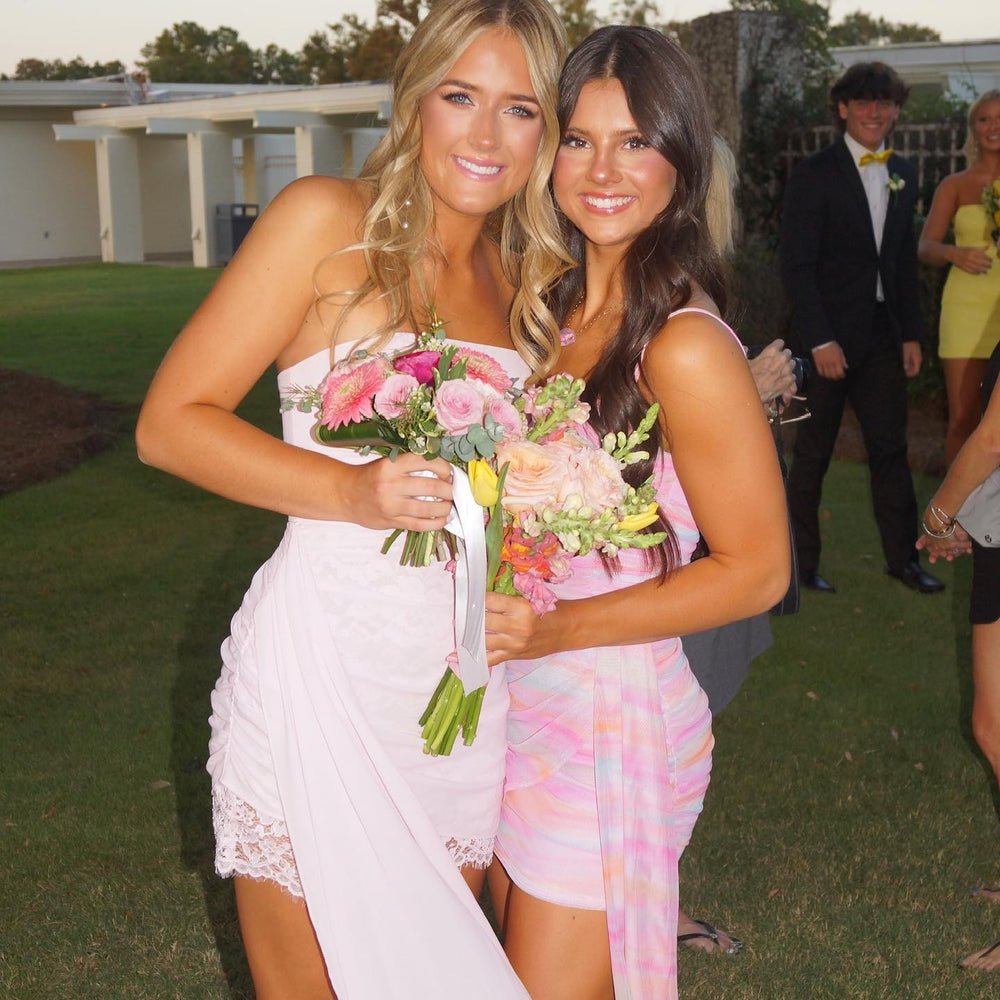 
                      
                        One Shoulder Multi-color Smudge Short Dress with Shawl
                      
                    