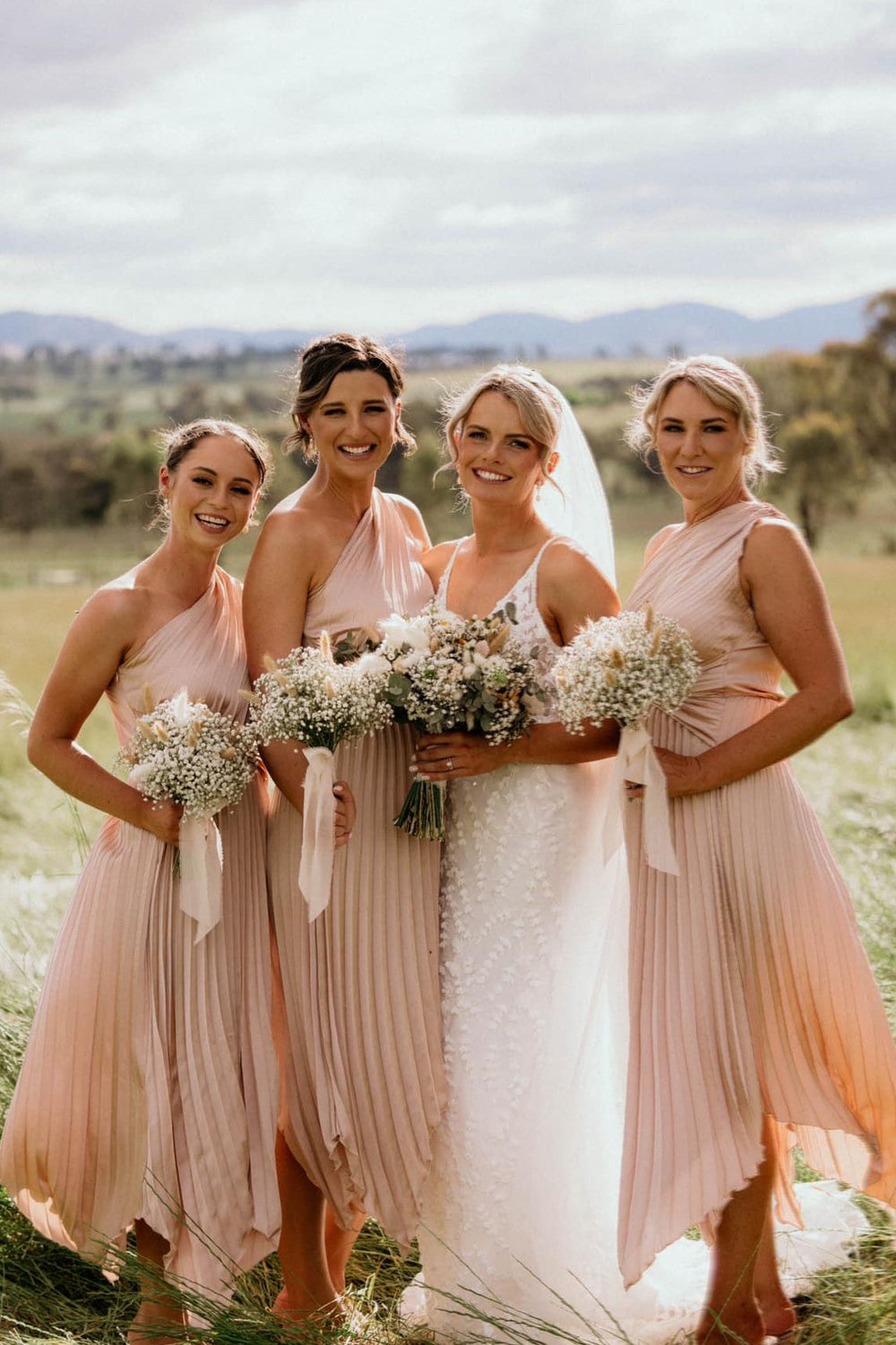 One Shoulder Nude Pleated Irregular Bridesmaid Dress