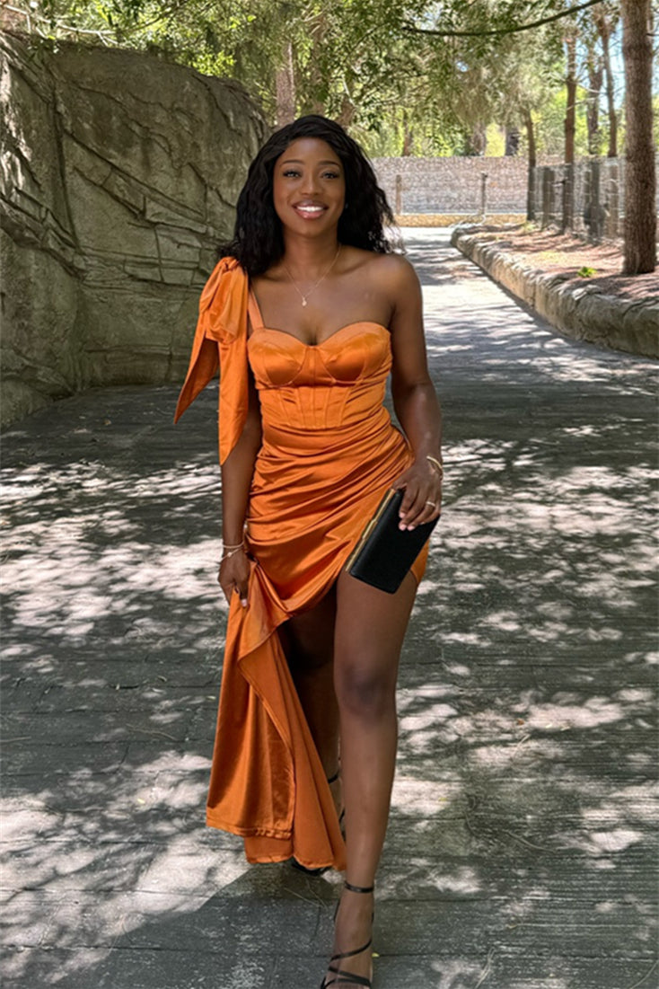 One Shoulder Orange Ruched Bridesmaid Dress