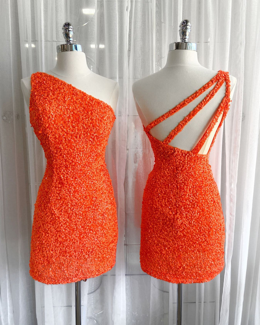 One Shoulder Orange Sequin Bodycon Short Dress