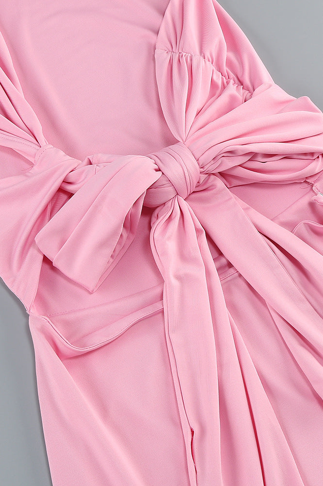 
                      
                        One Shoulder Pink Back Tie Sheath Long Dress
                      
                    