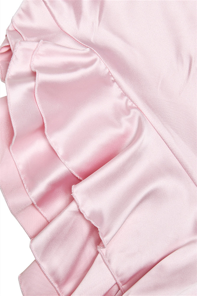 
                      
                        One Shoulder Pink Frilled Satin Long Dress
                      
                    