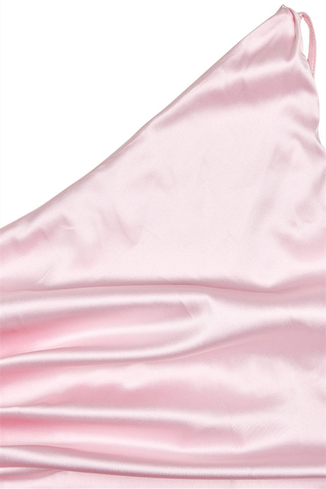 
                      
                        One Shoulder Pink Frilled Satin Long Dress
                      
                    