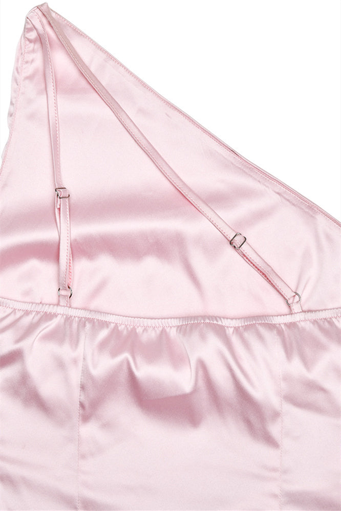 
                      
                        One Shoulder Pink Frilled Satin Long Dress
                      
                    