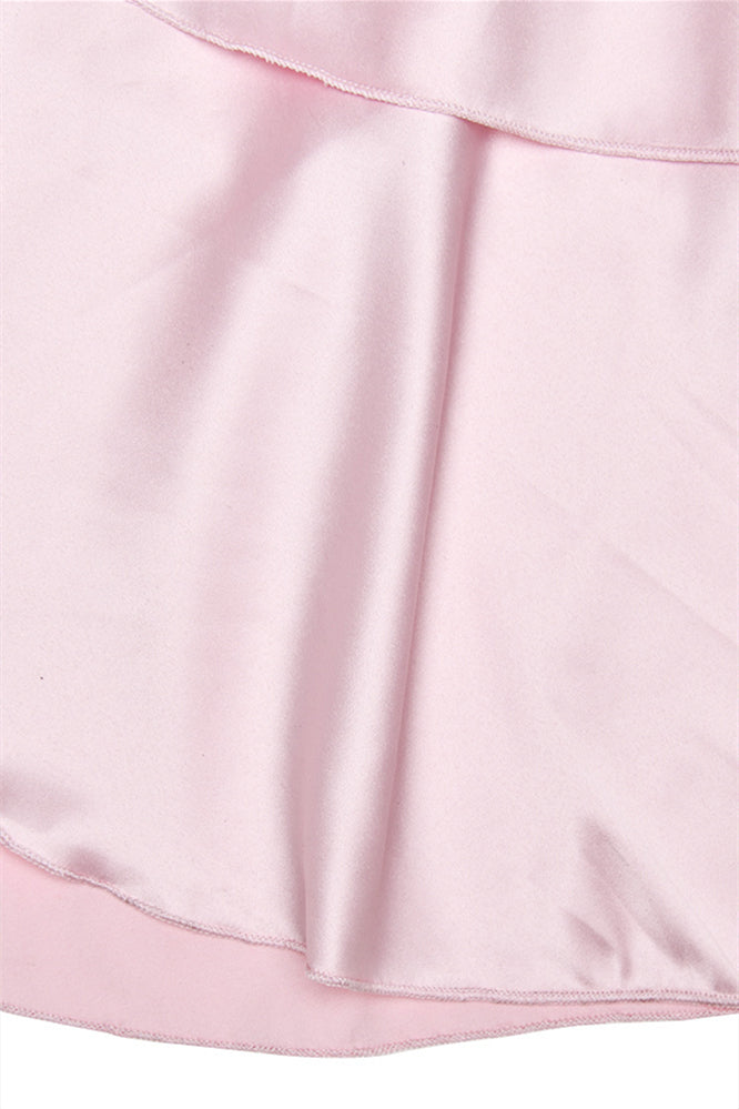 
                      
                        One Shoulder Pink Frilled Satin Long Dress
                      
                    