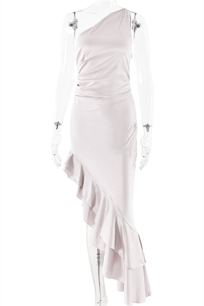 
                      
                        One Shoulder Pink Frilled Satin Long Dress
                      
                    