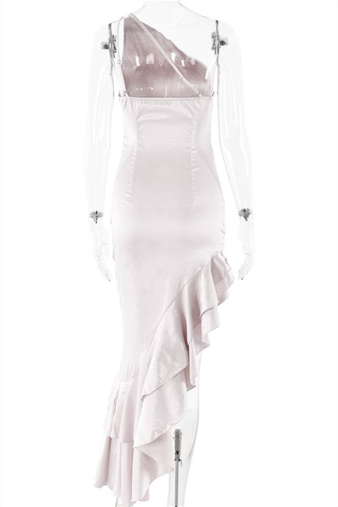 
                      
                        One Shoulder Pink Frilled Satin Long Dress
                      
                    