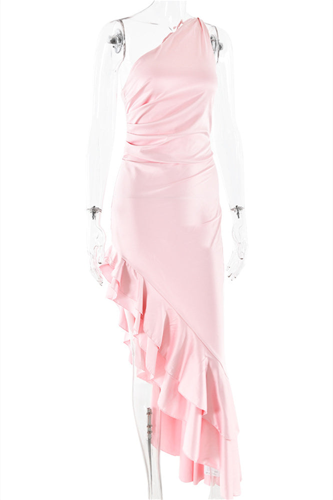 One Shoulder Pink Frilled Satin Long Dress