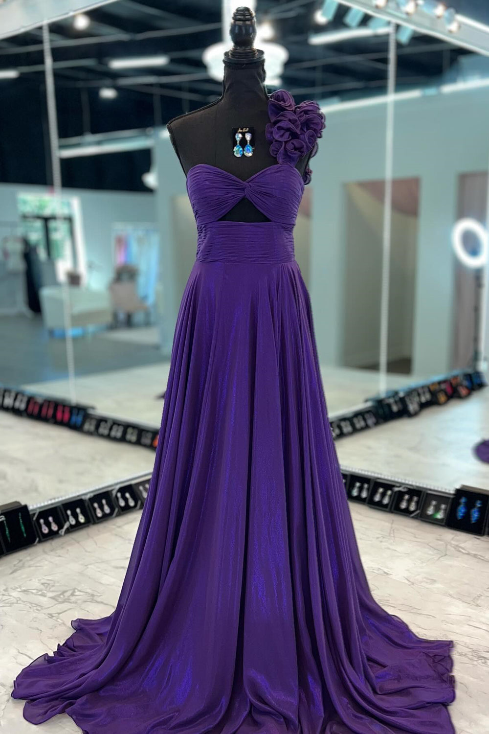 One Shoulder Purple A-line Long Dress with Slit