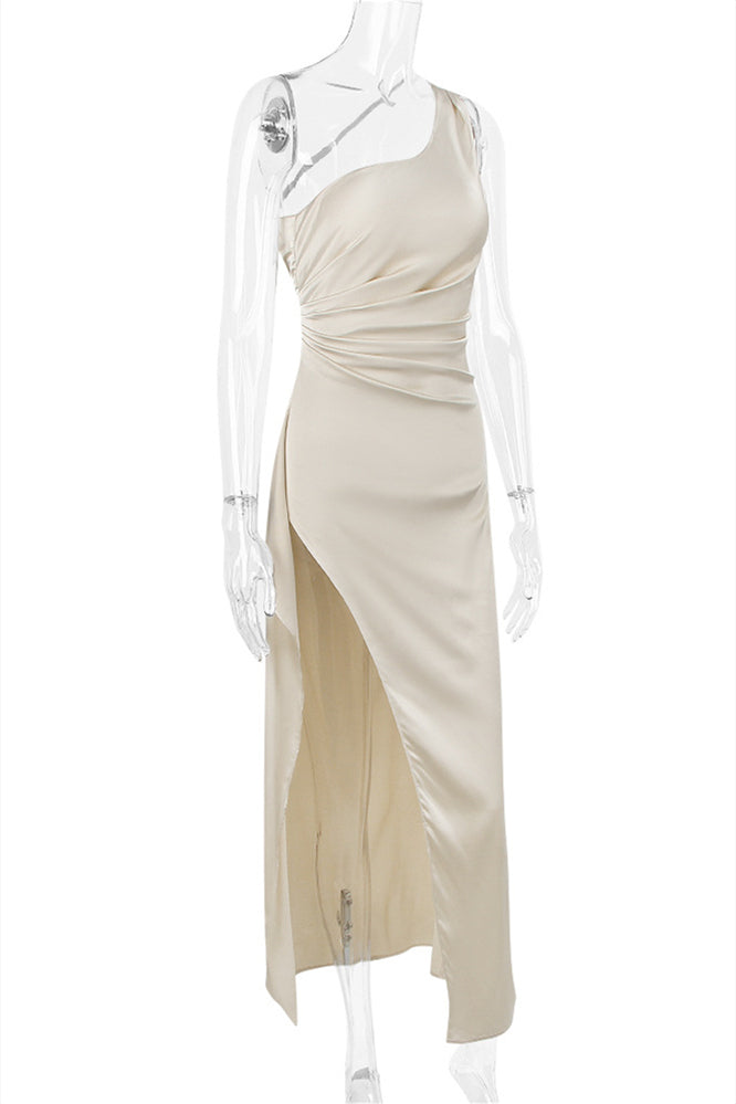 
                      
                        One Shoulder Red High Slit Ruched Long Dress
                      
                    