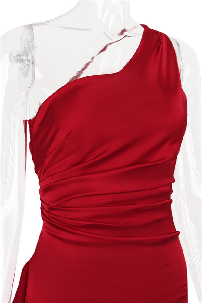 
                      
                        One Shoulder Red High Slit Ruched Long Dress
                      
                    