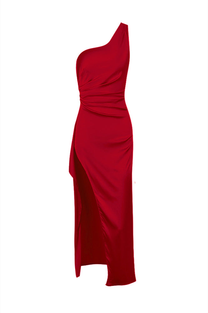 One Shoulder Red High Slit Ruched Long Dress