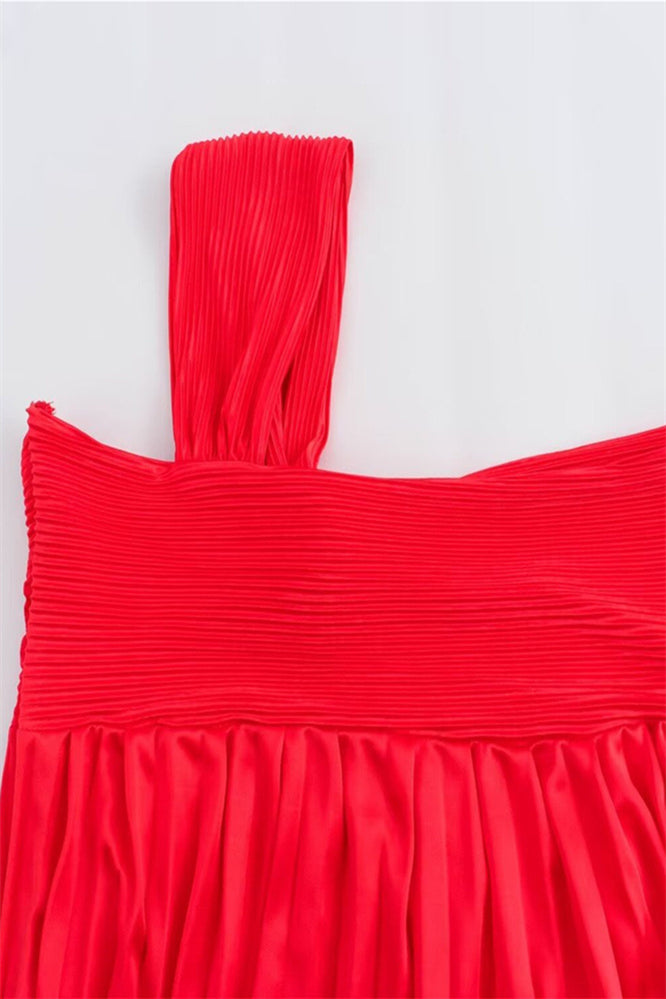 
                      
                        One Shoulder Red Pleated A-line Long Dress
                      
                    