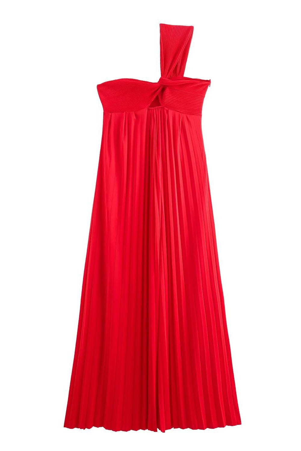 One Shoulder Red Pleated A-line Long Dress