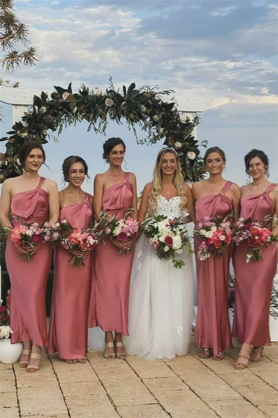 One Shoulder Rose Sheath Bridesmaid Dress