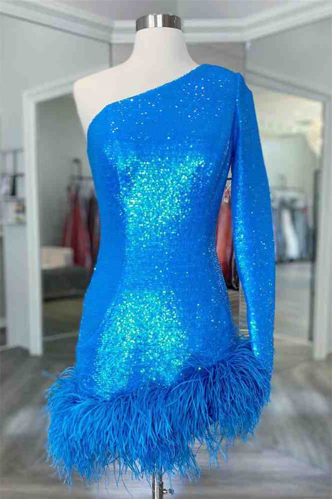 Royal Blue Feather Sequin Bodycon Short Dress