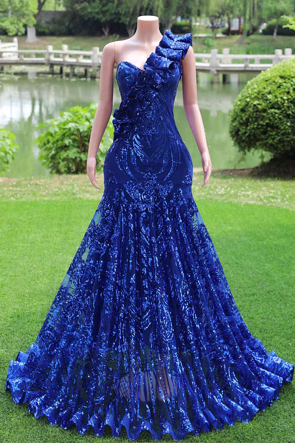 One Shoulder Royal Blue Sequin Long Dress