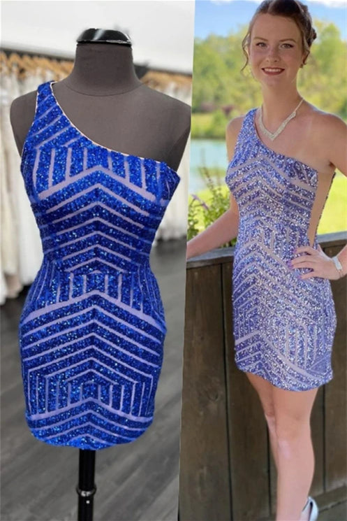 
                      
                        One Shoulder Royal Blue Sequin Short Dress
                      
                    