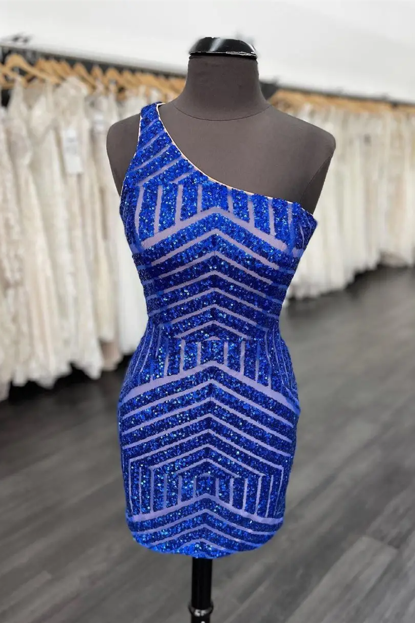 One Shoulder Royal Blue Sequin Short Dress