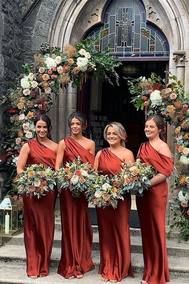 One Shoulder Rust Satin Long Bridesmaid Dress