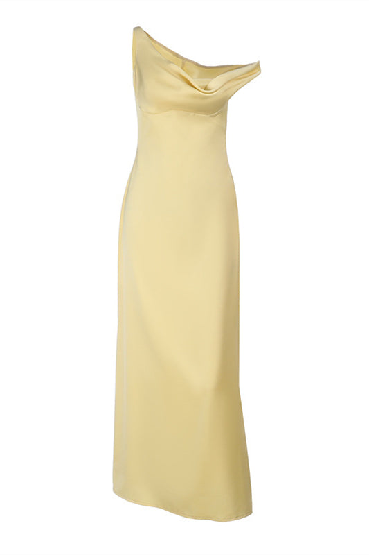 One Shoulder Yellow Column Satin Long Dress