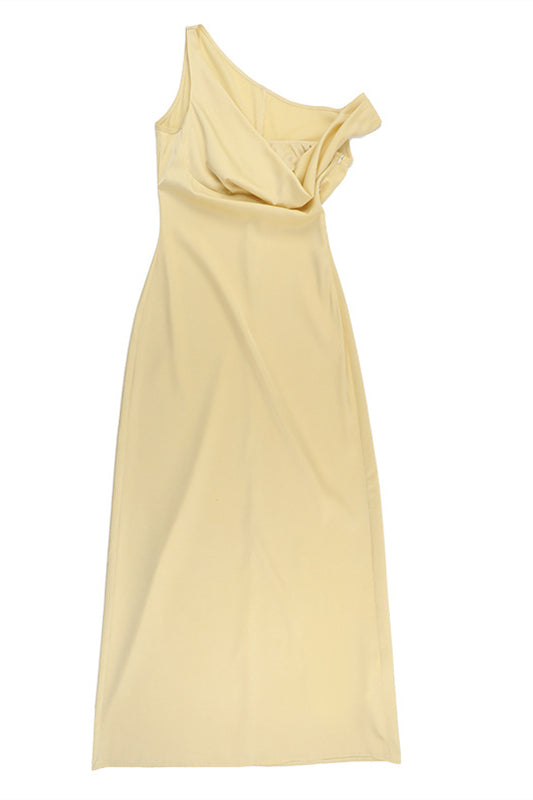 
                      
                        One Shoulder Yellow Column Satin Long Dress
                      
                    