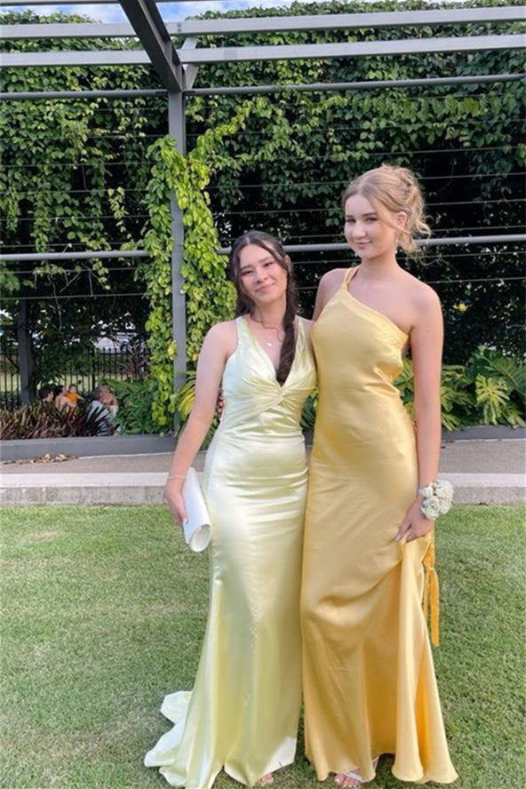 One Shoulder Yellow Open Back Sheath Long Dress