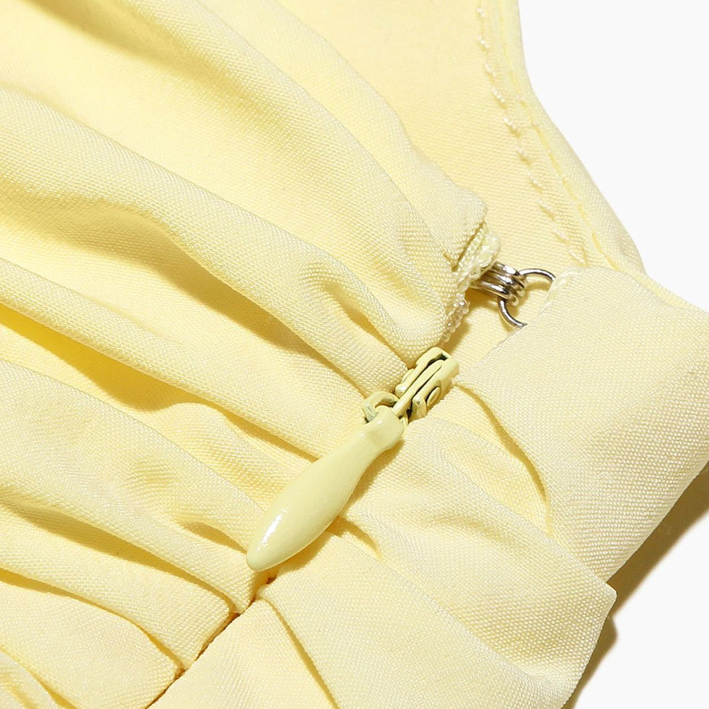 
                      
                        One Shoulder Yellow Ruched Short Dress with Bow
                      
                    