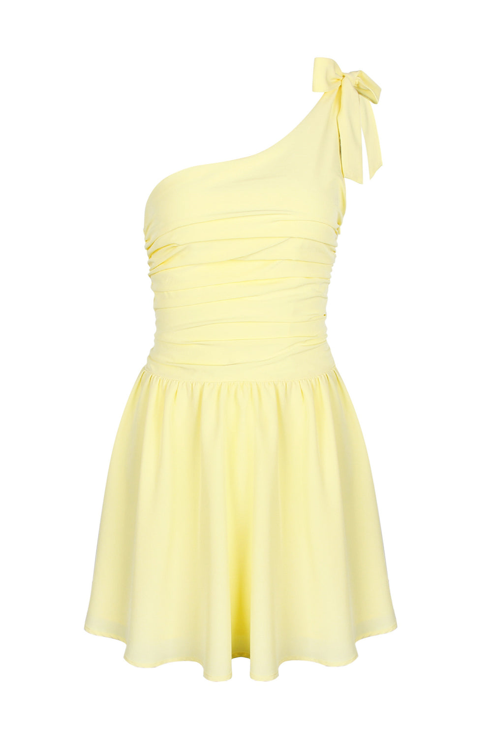 One Shoulder Yellow Ruched Short Dress with Bow