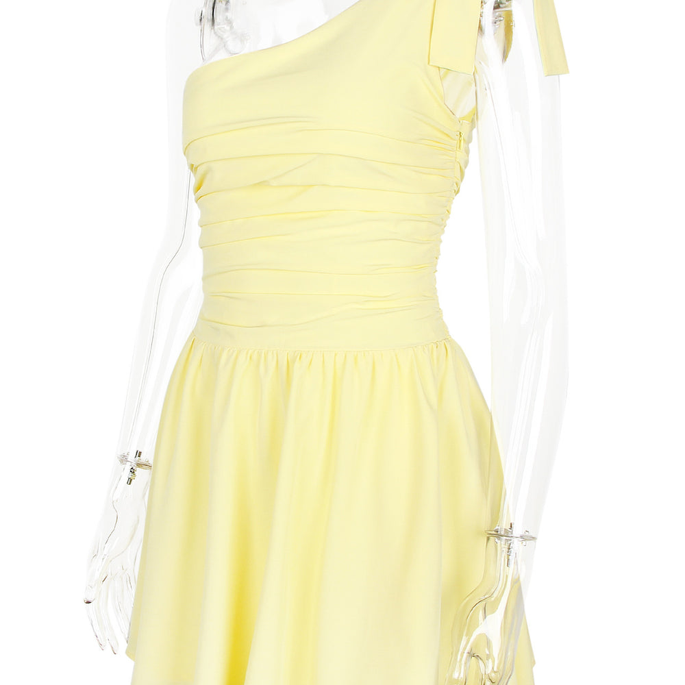 
                      
                        One Shoulder Yellow Ruched Short Dress with Bow
                      
                    