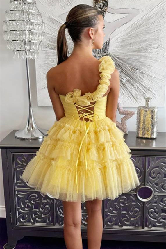 
                      
                        One Shoulder Yellow Rosette Tiered Short Dress
                      
                    