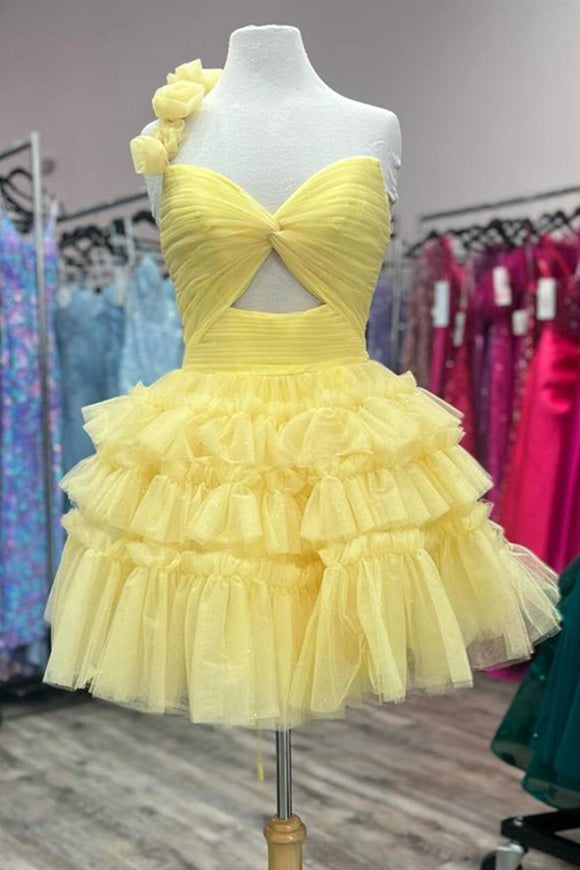 One Shoulder Yellow Rosette Tiered Short Dress