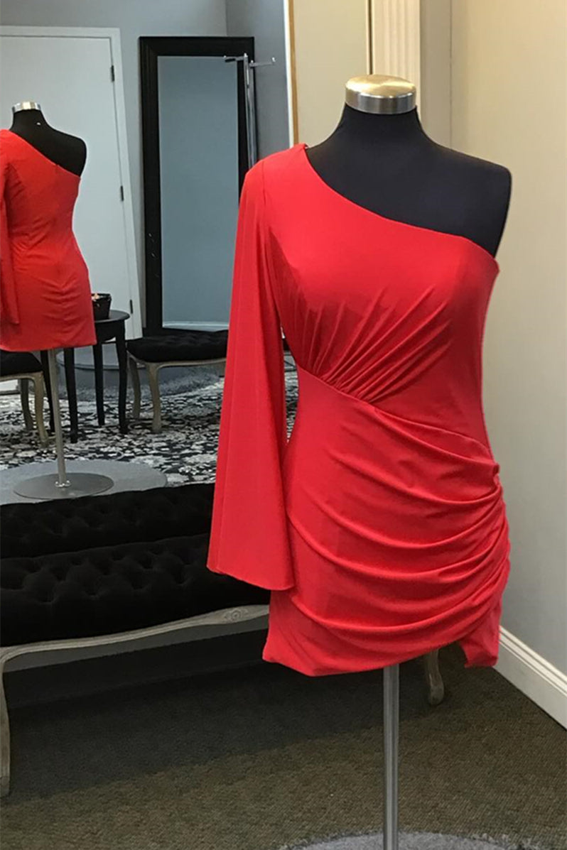 One Sleeve Red Ruched Tight Short Dress