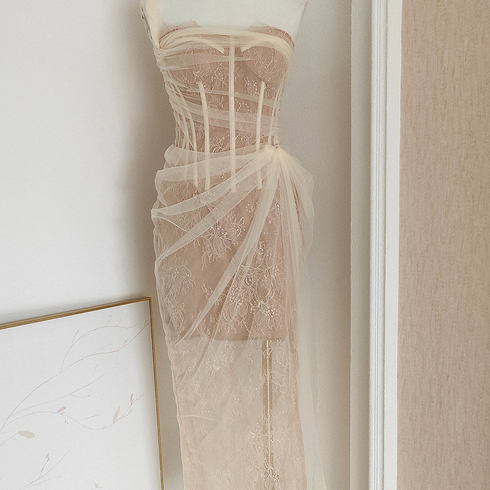 
                      
                        One Shoulder Blue Lace Ruched Column Long Dress
                      
                    