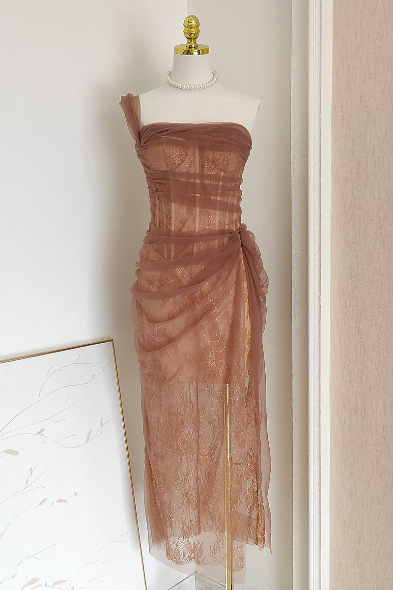 One Shoulder Blue Lace Ruched Column Long Dress