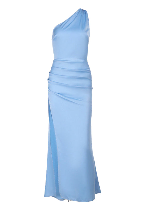 One Shoulder Blue Ruched Long Dress with Slit