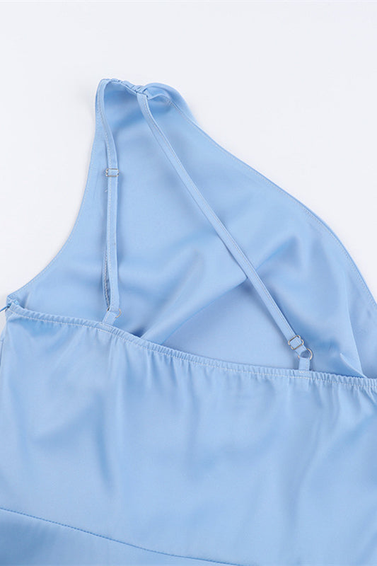 One Shoulder Blue Ruched Long Dress with Slit