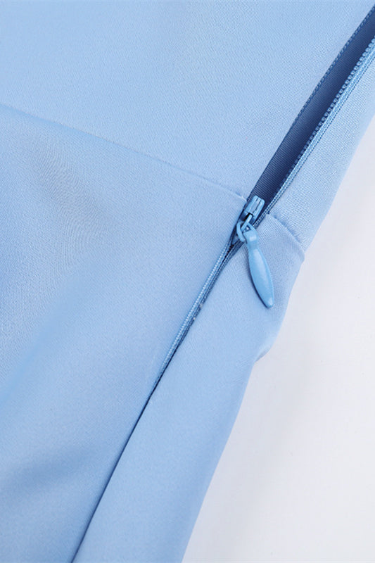 One Shoulder Blue Ruched Long Dress with Slit