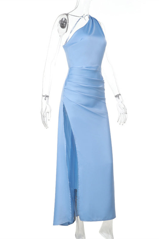 One Shoulder Blue Ruched Long Dress with Slit