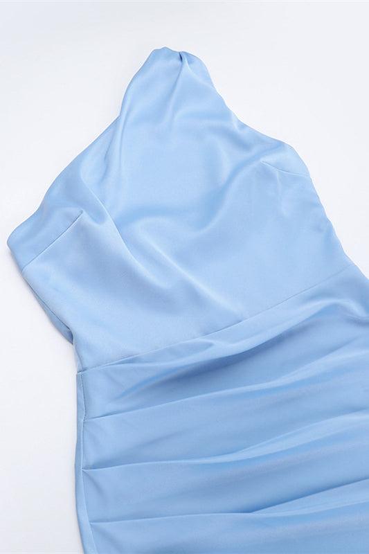 One Shoulder Blue Ruched Long Dress with Slit