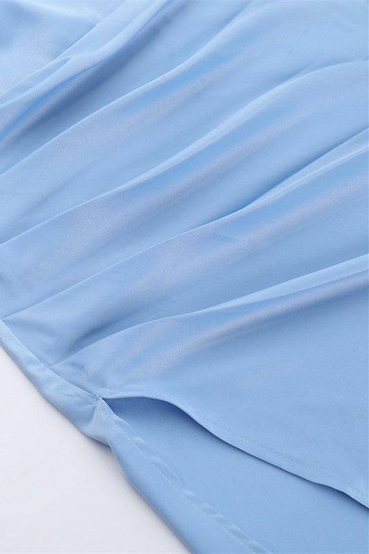 One Shoulder Blue Ruched Long Dress with Slit