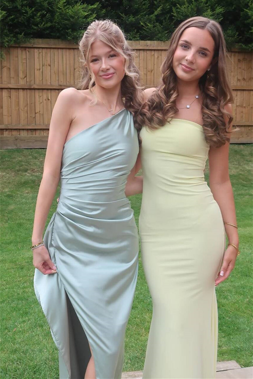 One Shoulder Blush Pink Ruched Long Dress with Slit