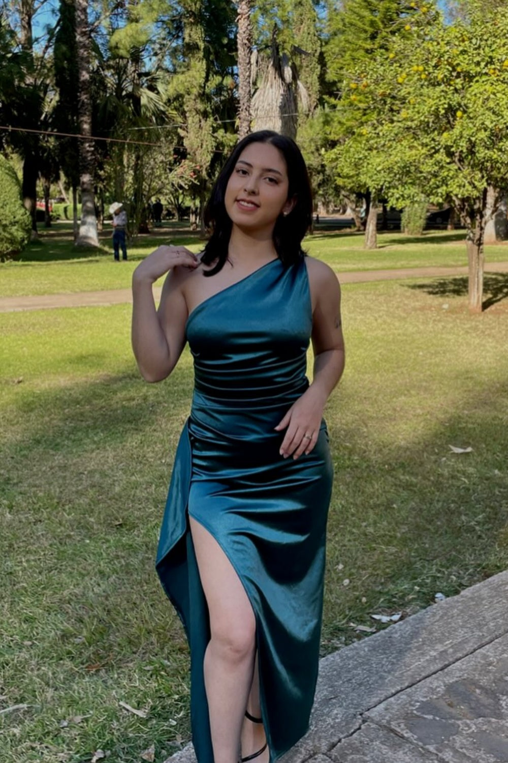 One Shoulder Blush Pink Ruched Long Dress with Slit