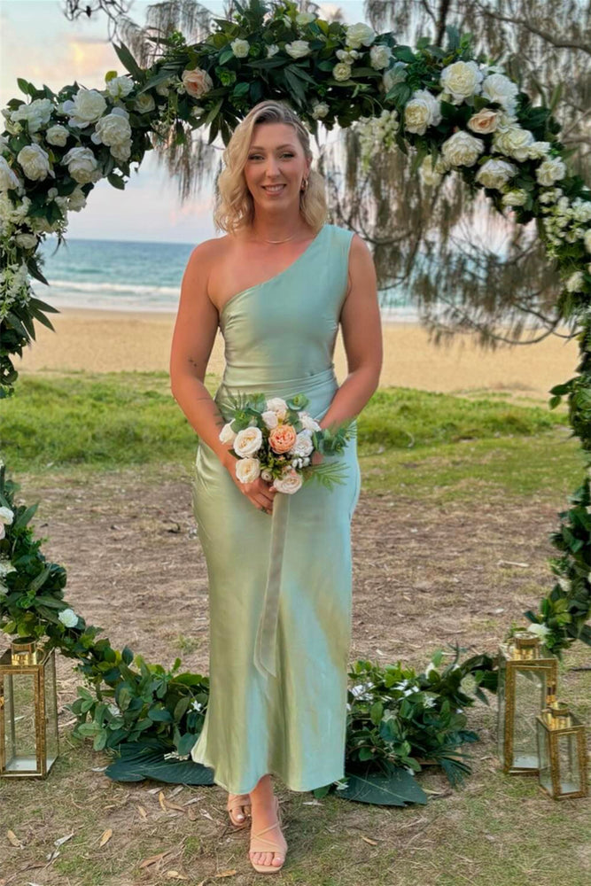 
                      
                        One Shoulder Butter Satin Bridesmaid Dress with Slit
                      
                    