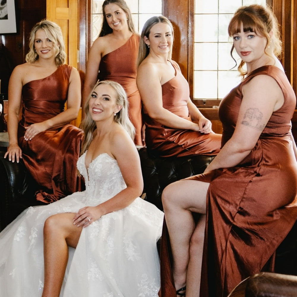 
                      
                        One Shoulder Butter Satin Bridesmaid Dress with Slit
                      
                    