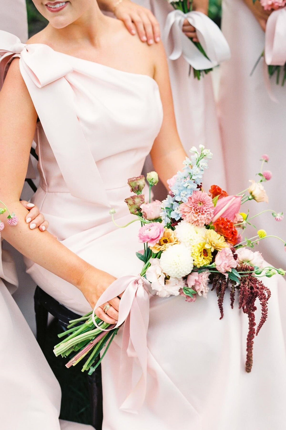 One Shoulder Dusty Blue Bridesmaid Dress with Train main image 0