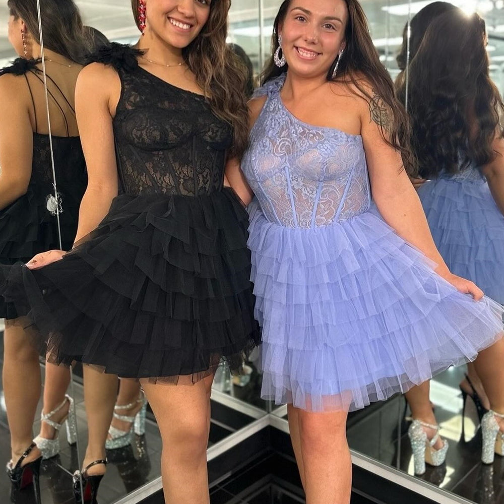 
                      
                        One Shoulder Lavender Lace Ruffle Short Dress
                      
                    