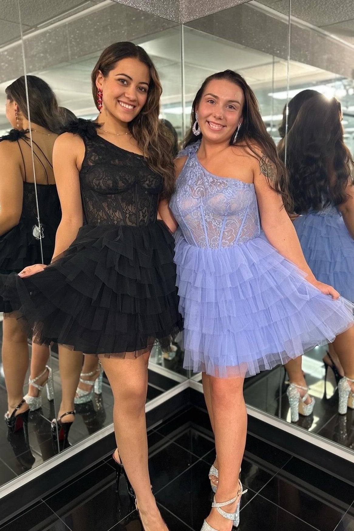 One Shoulder Lavender Lace Ruffle Short Dress