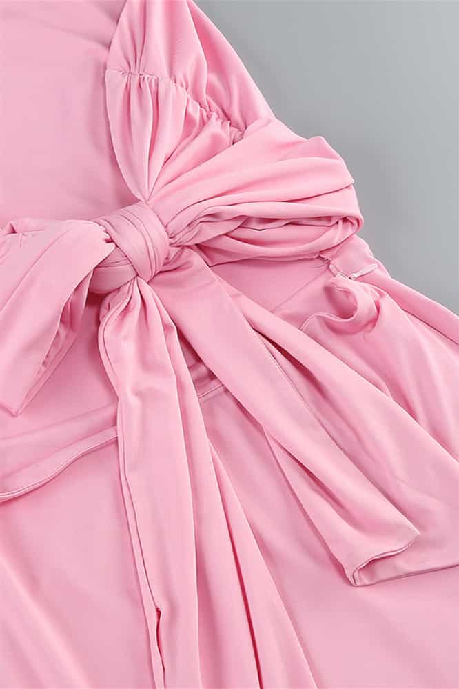 One Shoulder Pink Back Tie Long Dress