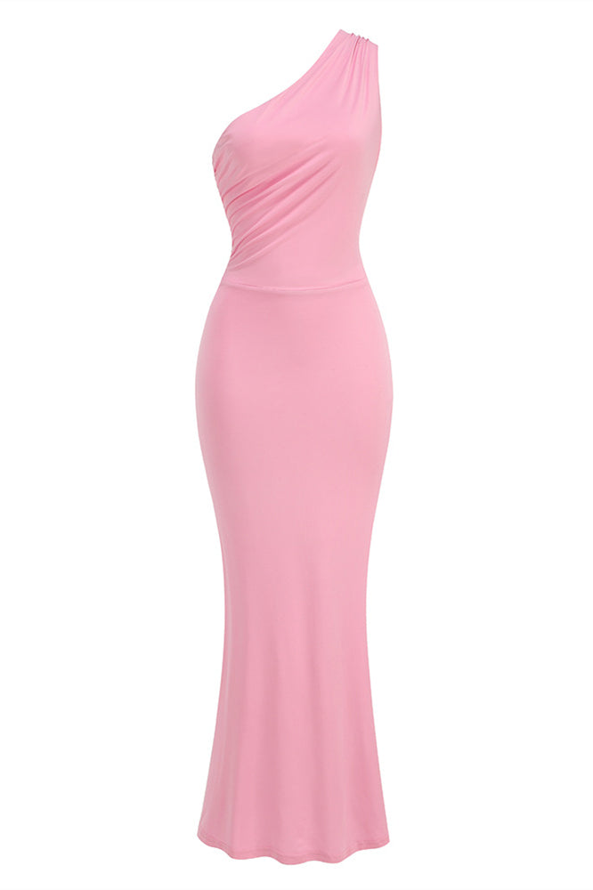 One Shoulder Pink Back Tie Sheath Long Dress